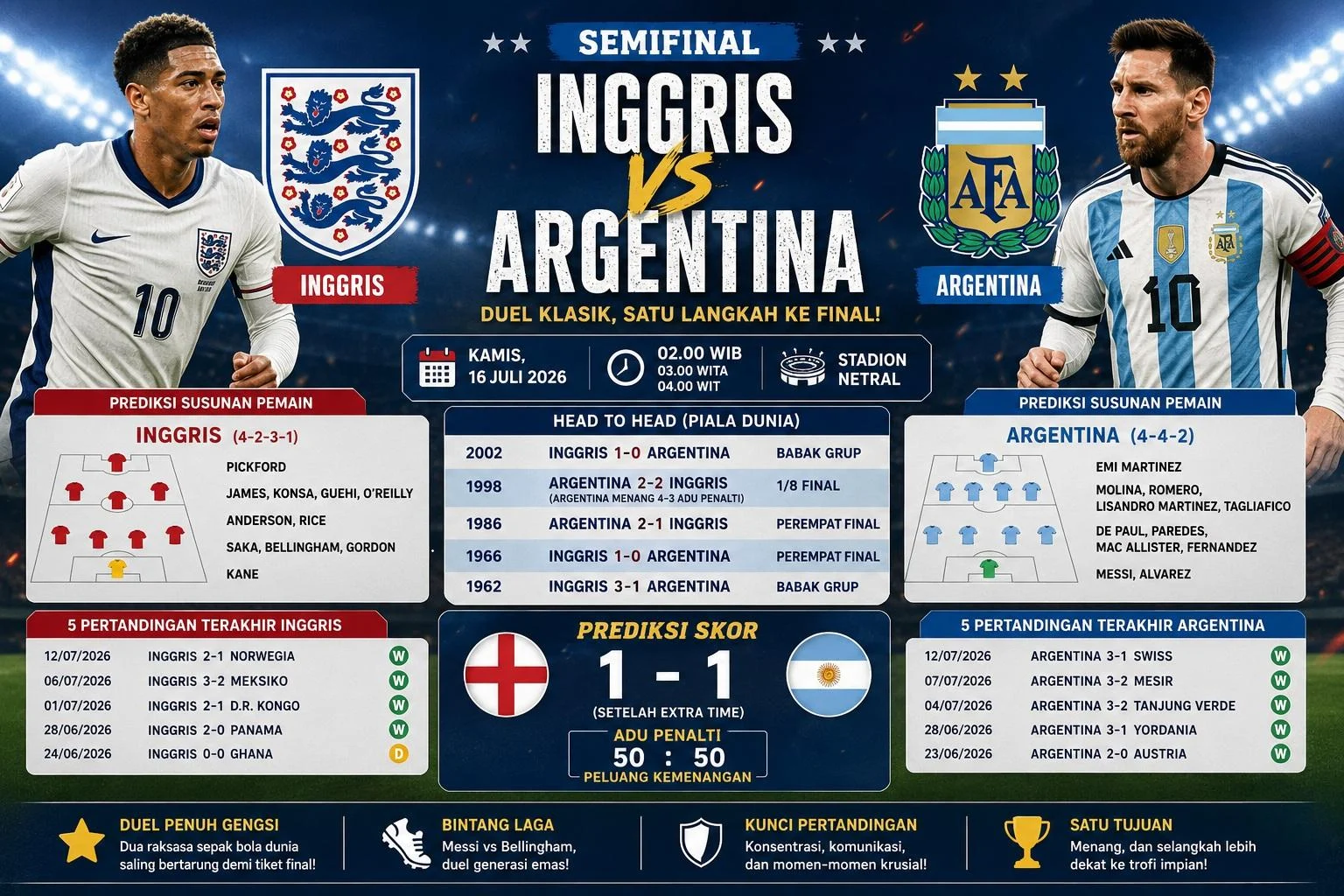 Head to Head Inggris vs Argentina di Semifinal Piala Dunia 2026