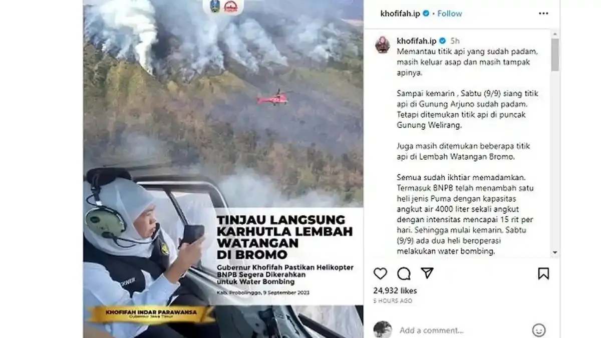 Helikopter Dikerahkan untuk Pemadaman Kebakaran Hutan di Gunung Bromo dan Pencarian Korban Kebakaran Kapal